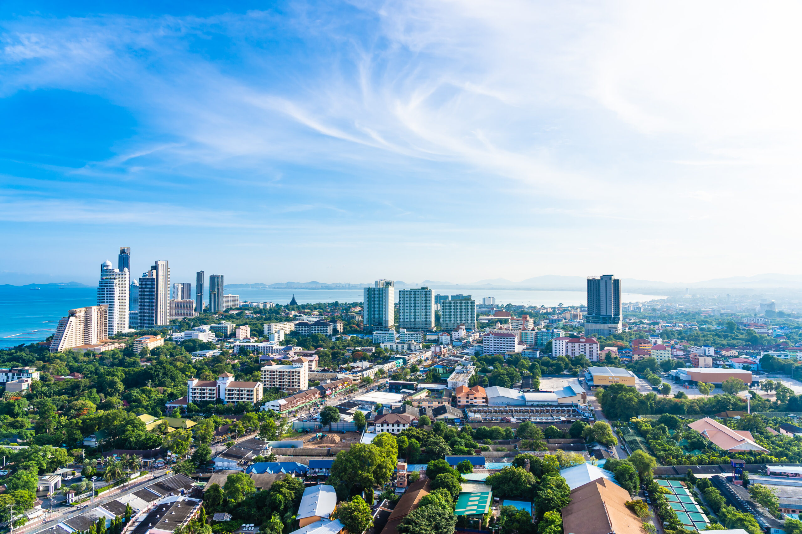 Pattaya Chonburi Thailand - 28 May 2019 : Beautiful landscape and cityscape of Pattaya city is popular destination in Thailand with white cloud and blue sky